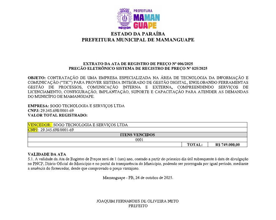 PREFEITURA MUNICIPAL DE MAMANGUAPE – EXTRATO DA ATA DE REGISTRO DE PREÇO Nº 006/2025 – PREGÃO ELETRÔNICO SISTEMA DE REGISTRO DE PREÇO Nº 025/2025