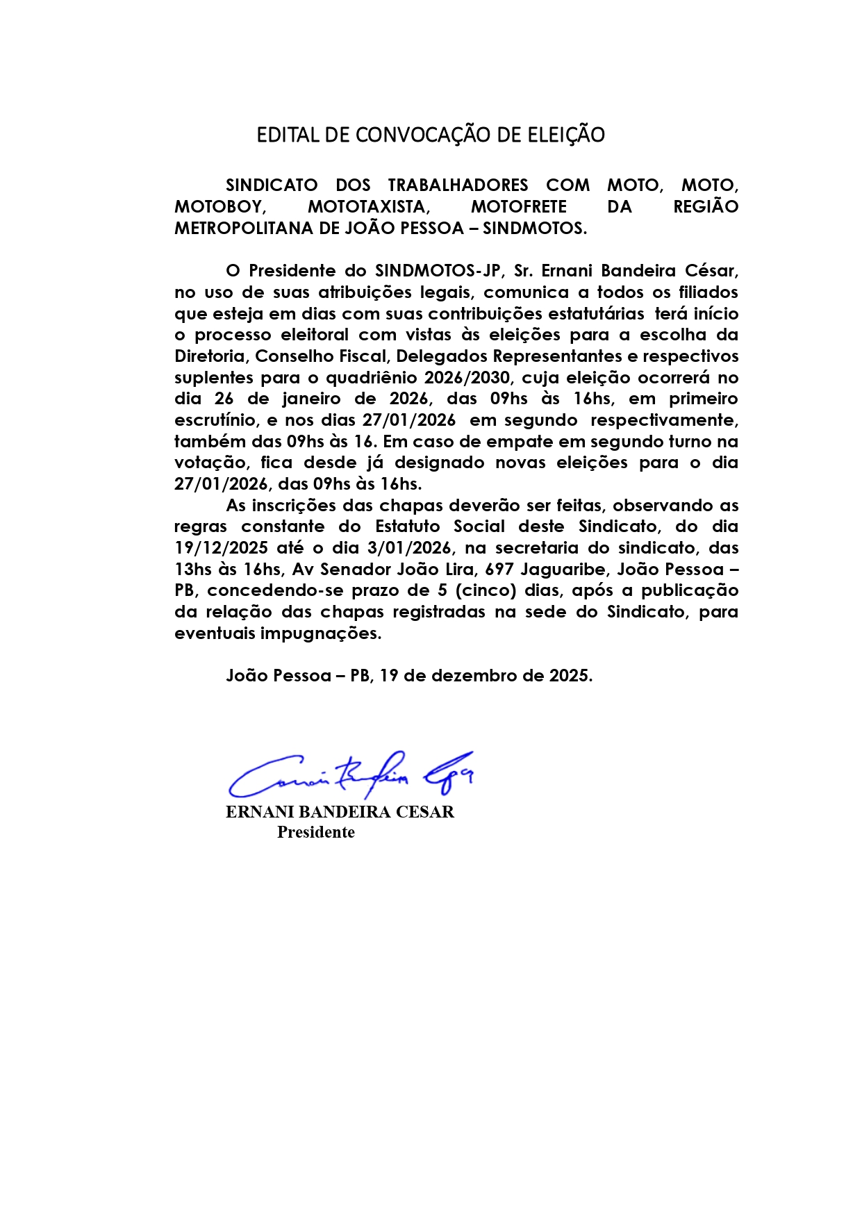 SINDMOTOS – EDITAL DE CONVOCAÇÃO DE ELEIÇÃO