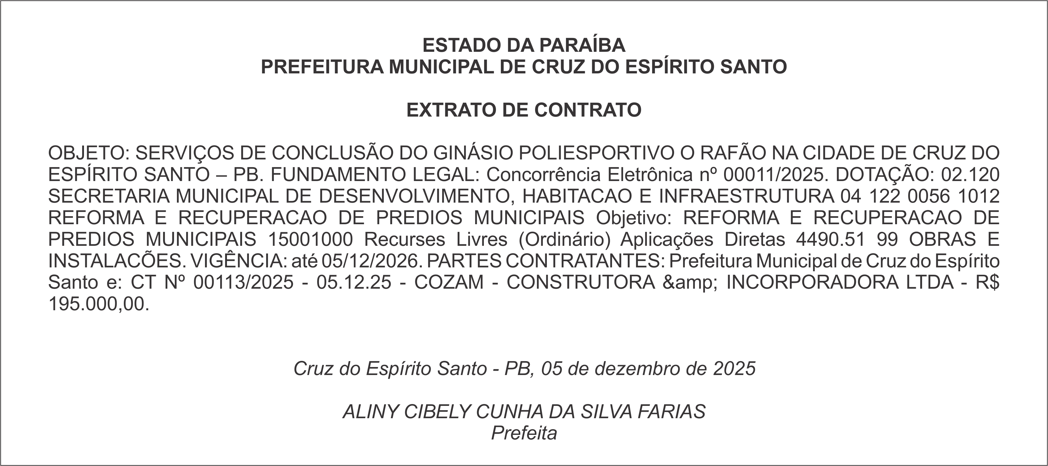 PREFEITURA MUNICIPAL DE CRUZ DO ESPÍRITO SANTO – EXTRATO DE CONTRATO