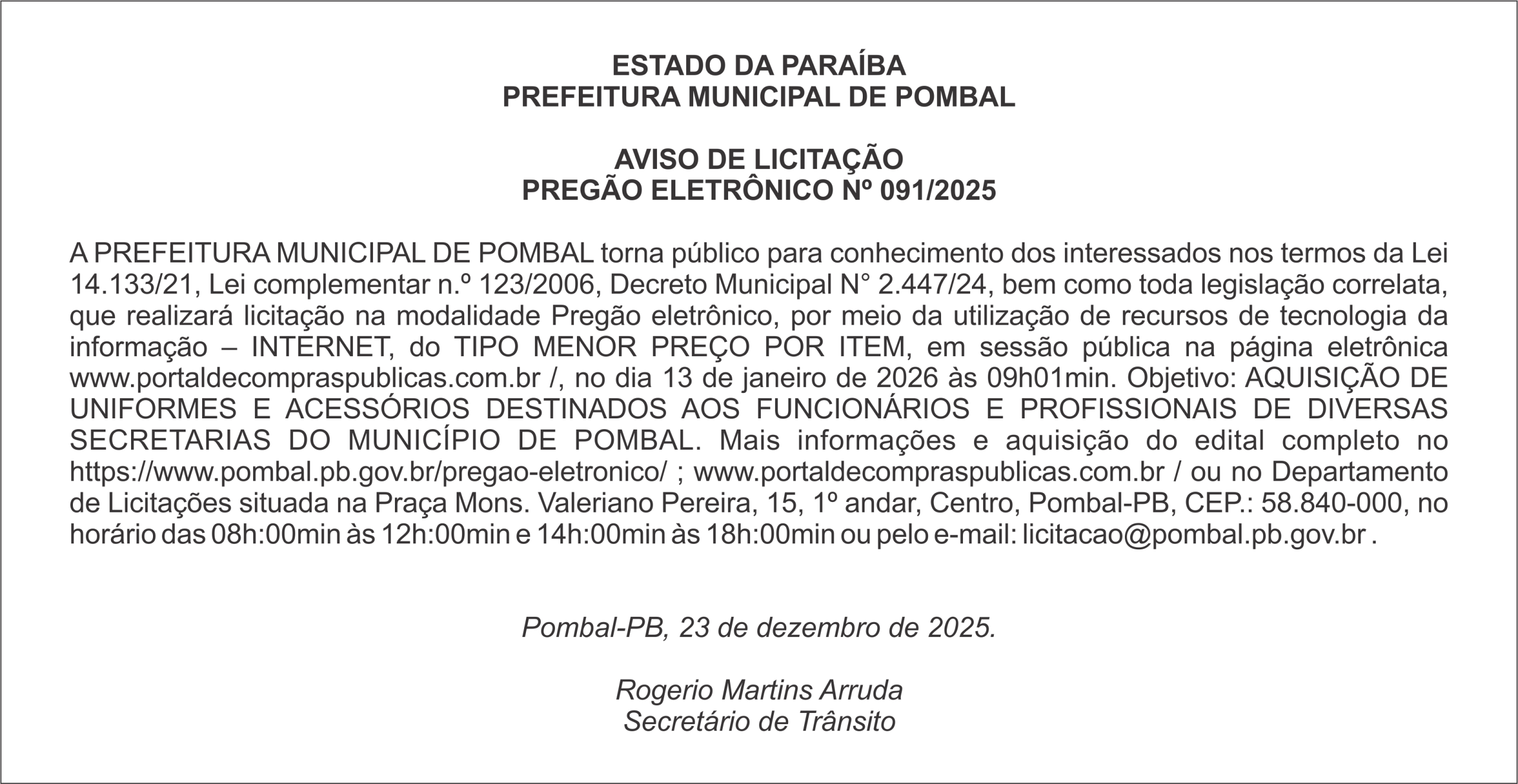 PREFEITURA MUNICIPAL DE POMBAL – AVISO DE LICITAÇÃO PREGÃO ELETRÔNICO Nº 091/2025