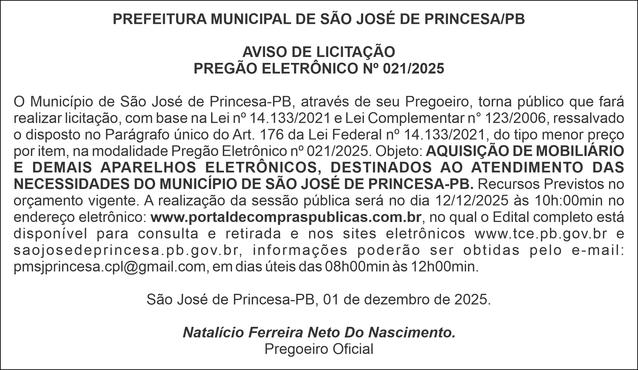 PREFEITURA MUNICIPAL DE SÃO JOSÉ DE PRINCESA/PB – AVISO DE LICITAÇÃO – PREGÃO ELETRÔNICO Nº 021/2025