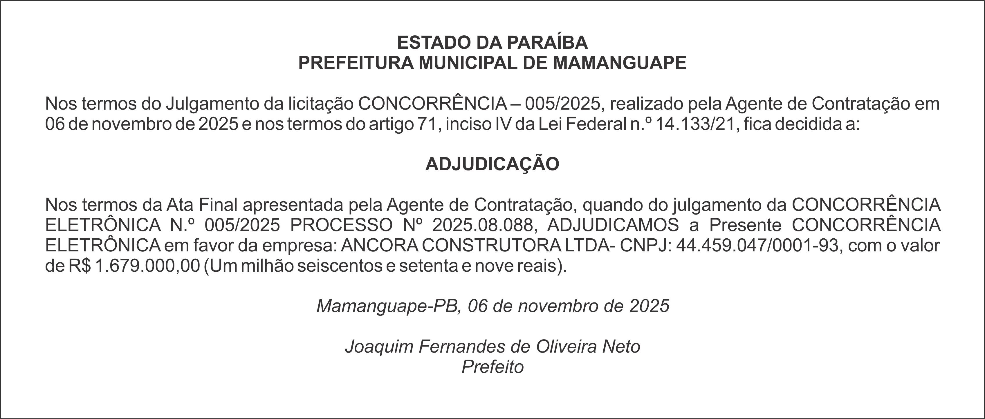 PREFEITURA MUNICIPAL DE MAMANGUAPE – ADJUDICAÇÃO