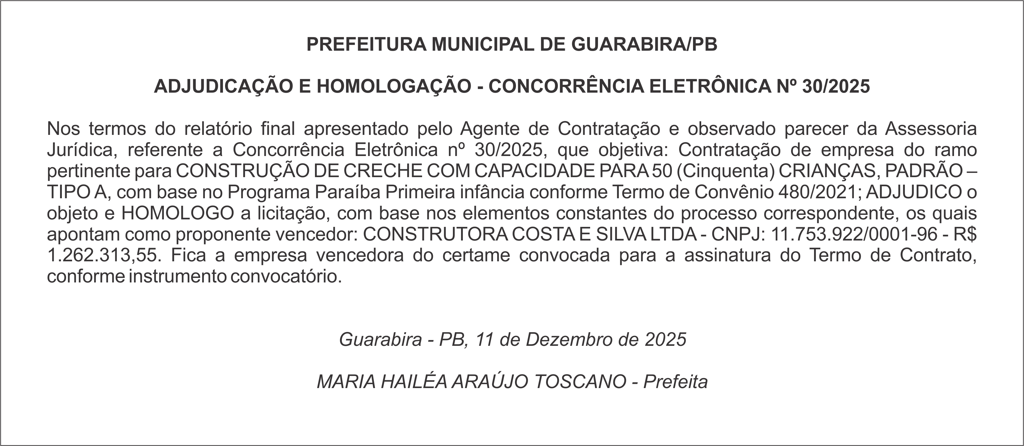 PREFEITURA MUNICIPAL DE GUARABIRA/PB – ADJUDICAÇÃO E HOMOLOGAÇÃO – CONCORRÊNCIA ELETRÔNICA Nº 30/2025