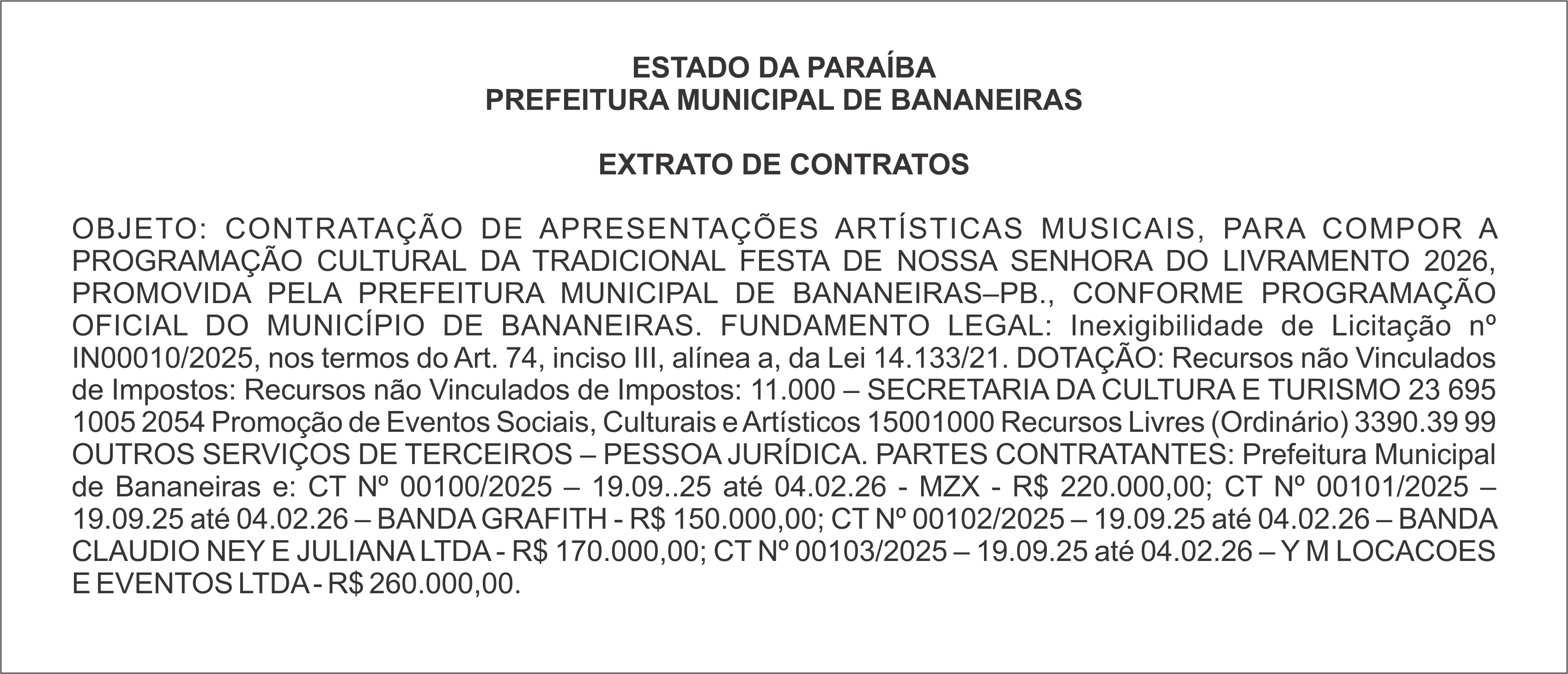 PREFEITURA MUNICIPAL DE BANANEIRAS – EXTRATO DE CONTRATOS