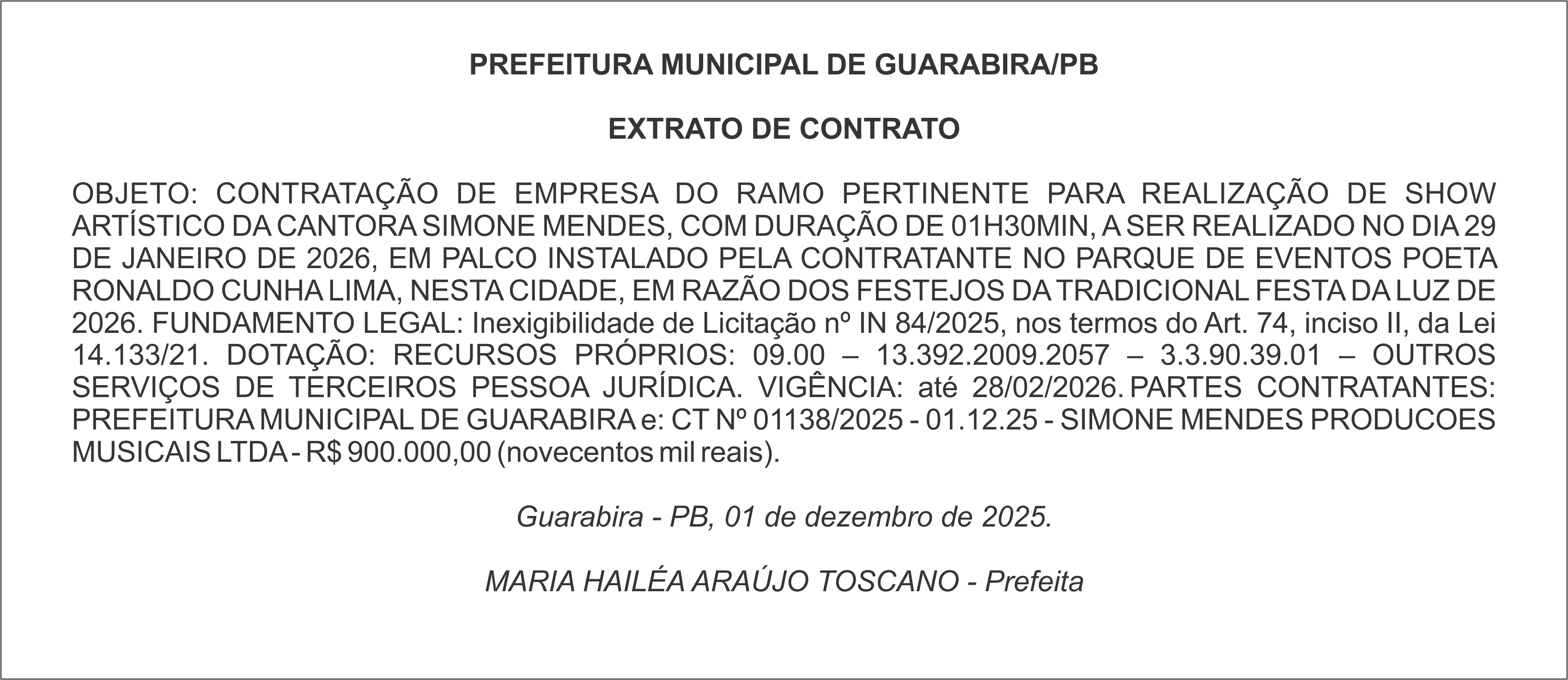 PREFEITURA MUNICIPAL DE GUARABIRA/PB – EXTRATO DE CONTRATO