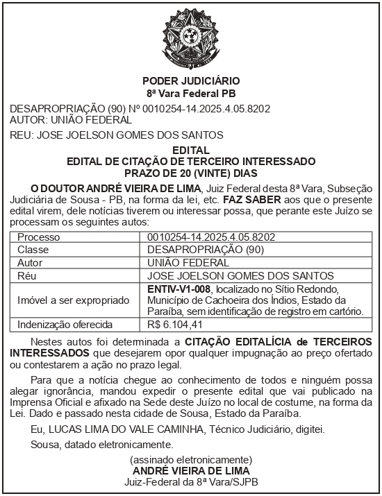 SECRETARIA NACIONAL DE SEGURANÇA HIDRICA – SNSH – MDR – DF – BRASÍLIA – Edital de Citação de Terceiros Interessados – ENTIV-V1-008 (JOSÉ JOELSON GOMES DOS SANTOS)