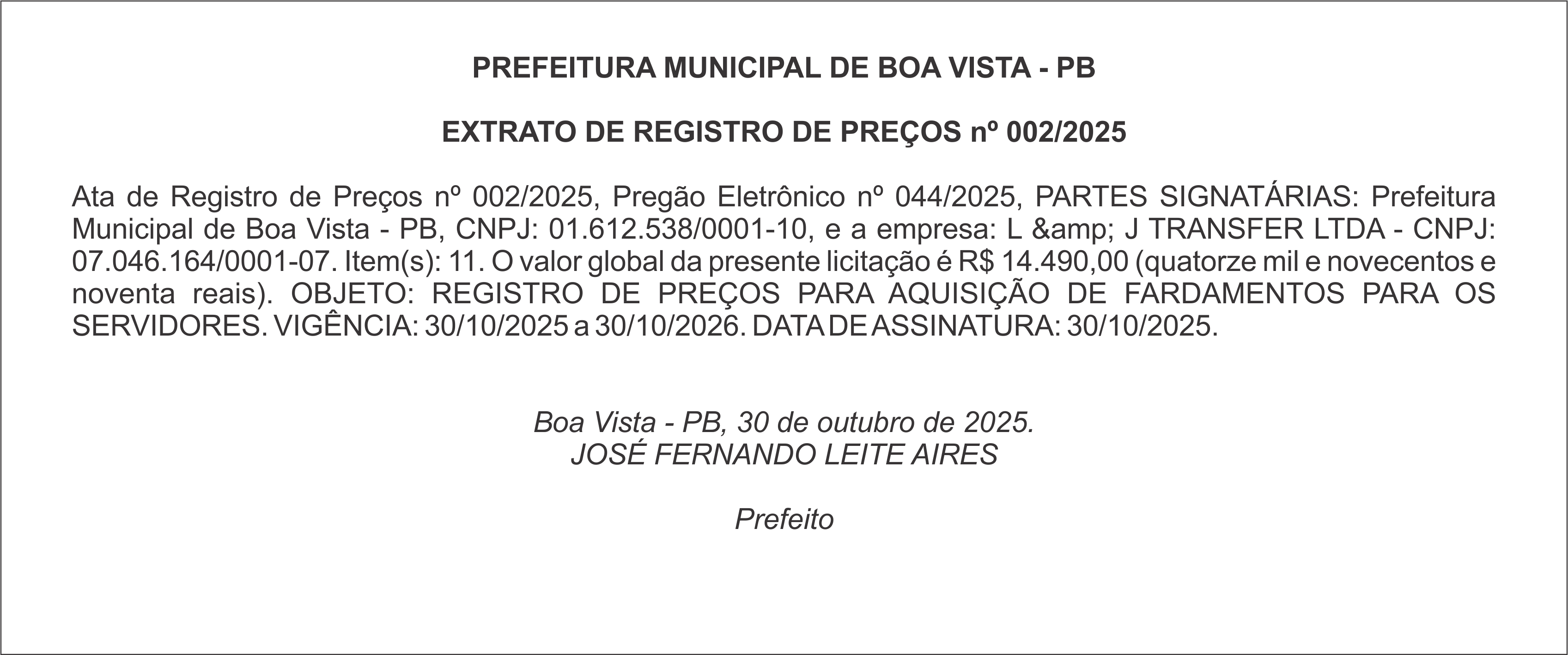PREFEITURA MUNICIPAL DE BOA VISTA – PB – EXTRATO DE REGISTRO DE PREÇOS nº 002/2025