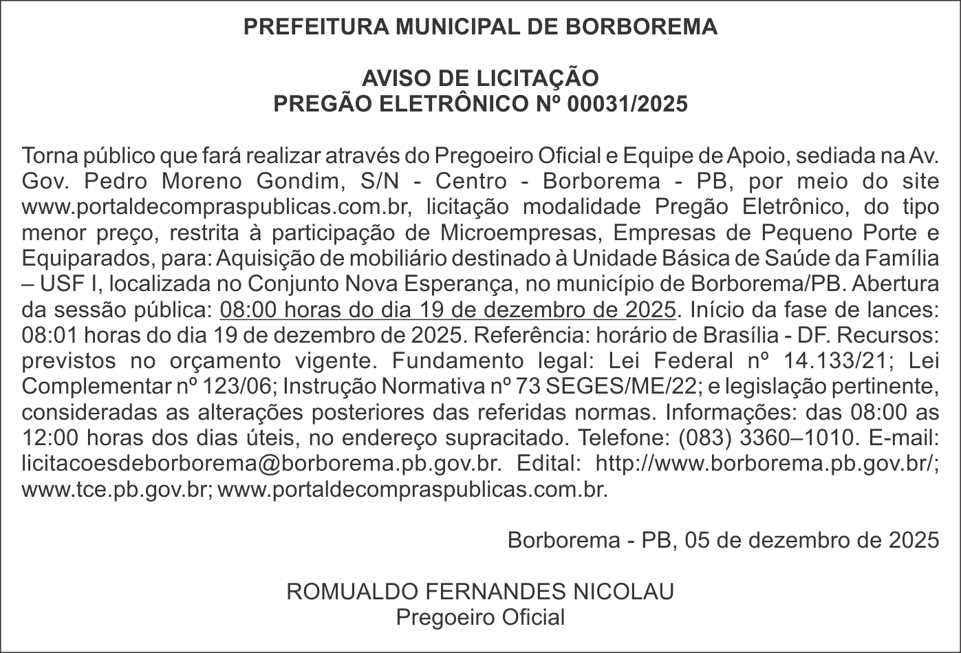 PREFEITURA MUNICIPAL DE BORBOREMA – AVISO DE LICITAÇÃO – PREGÃO ELETRÔNICO Nº 00031/2025