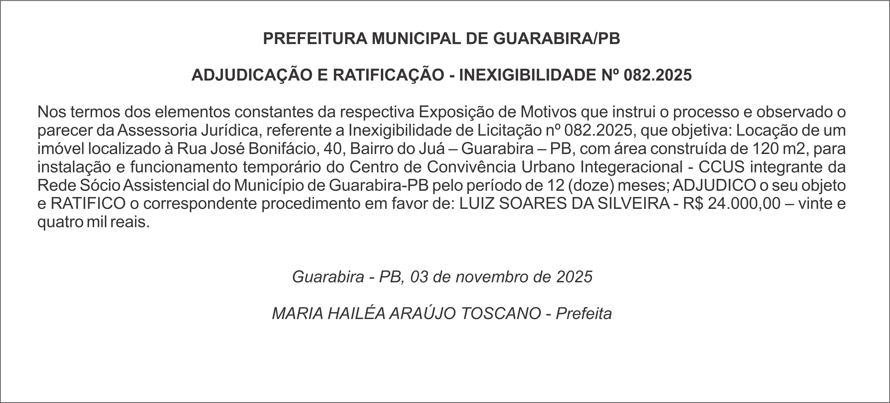PREFEITURA MUNICIPAL DE GUARABIRA/PB – ADJUDICAÇÃO E RATIFICAÇÃO – INEXIGIBILIDADE Nº 082.2025