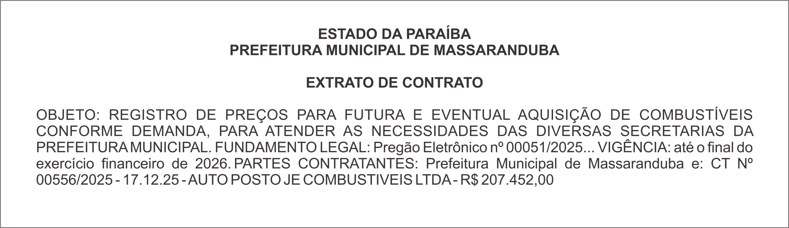 PREFEITURA MUNICIPAL DE MASSARANDUBA – EXTRATO DE CONTRATO