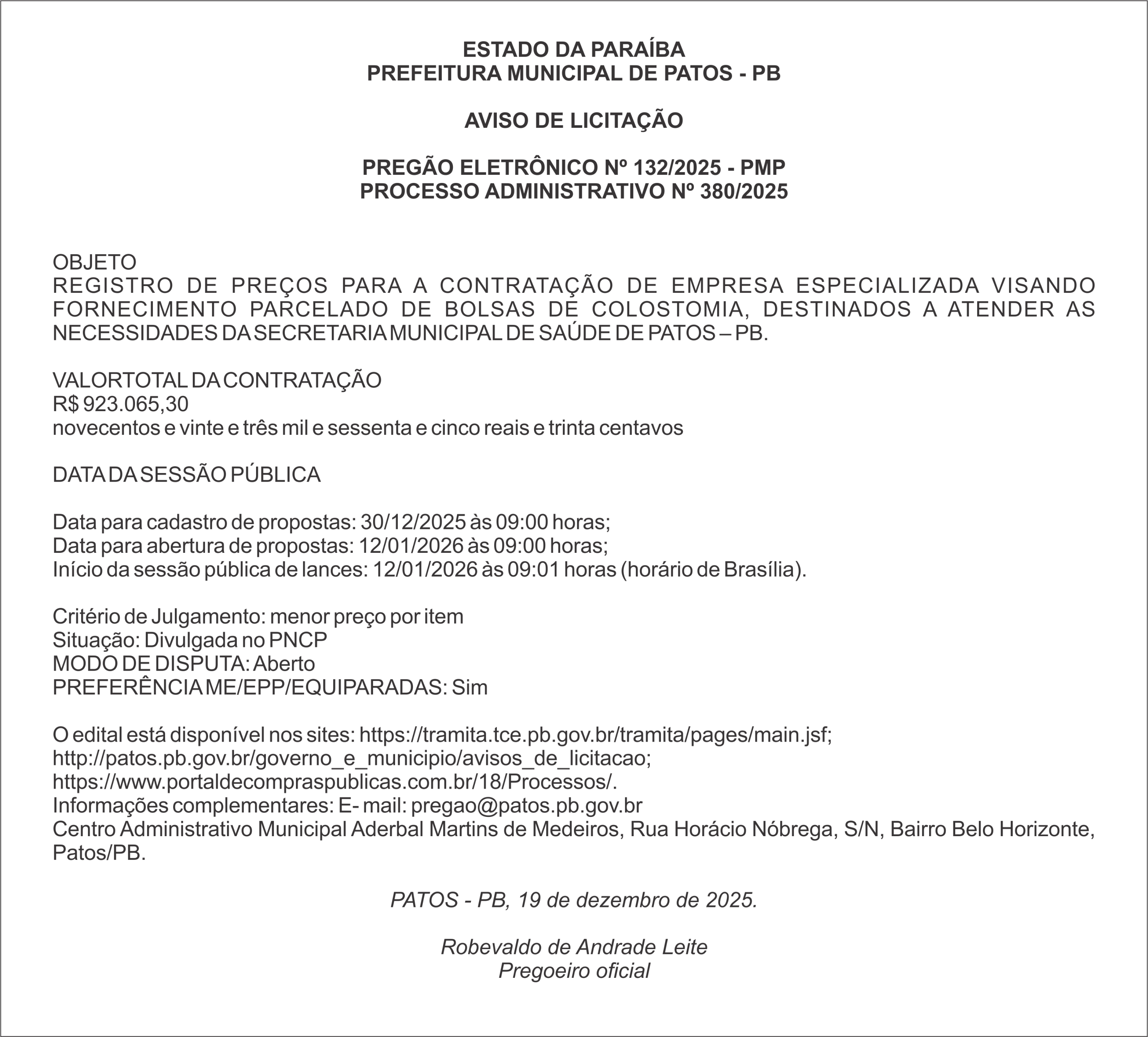 PREFEITURA MUNICIPAL DE PATOS – PB PREGÃO ELETRÔNICO Nº 132/2025 – PMP