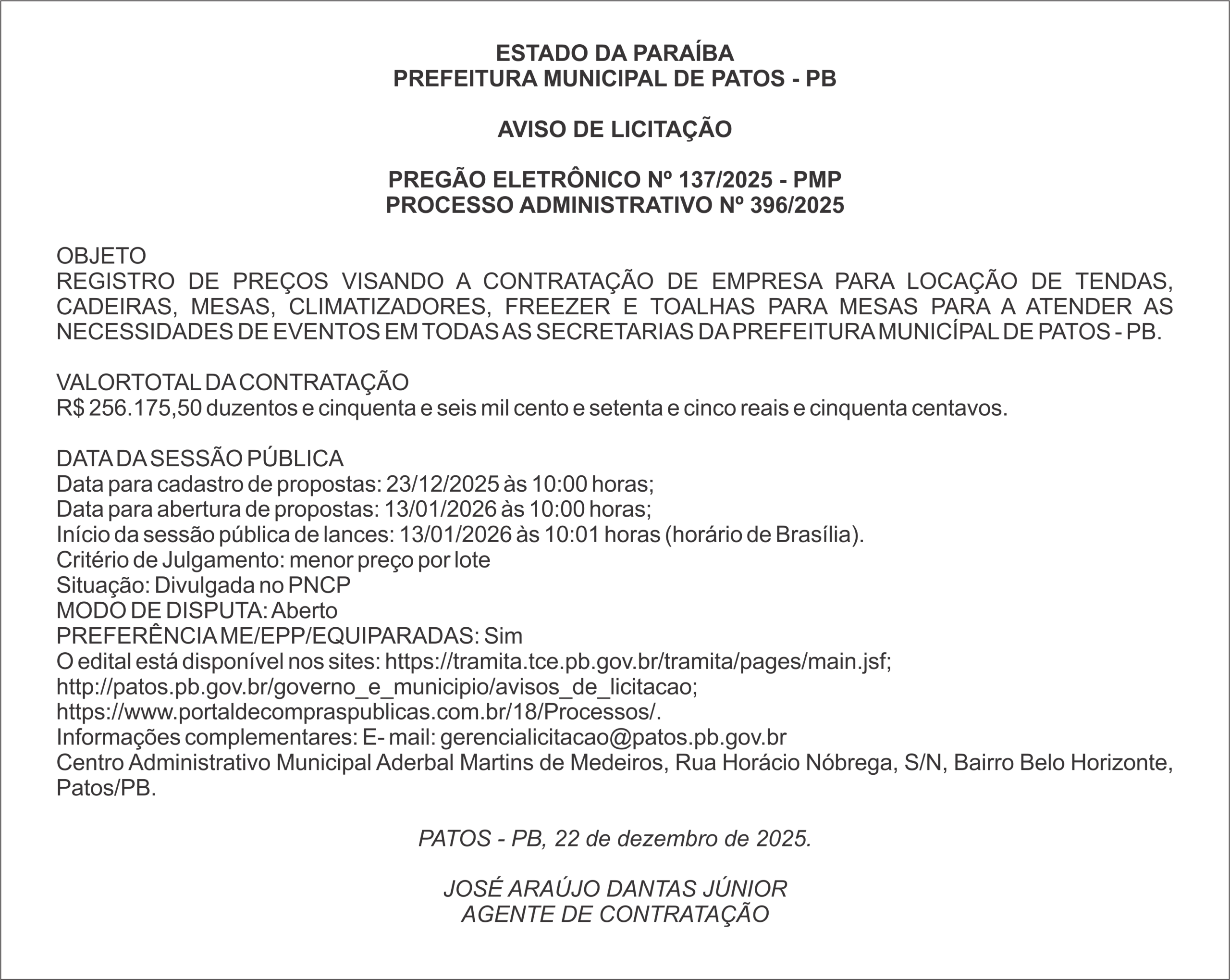 PREFEITURA MUNICIPAL DE PATOS – PB – PREGÃO ELETRÔNICO Nº 137/2025 – PMP