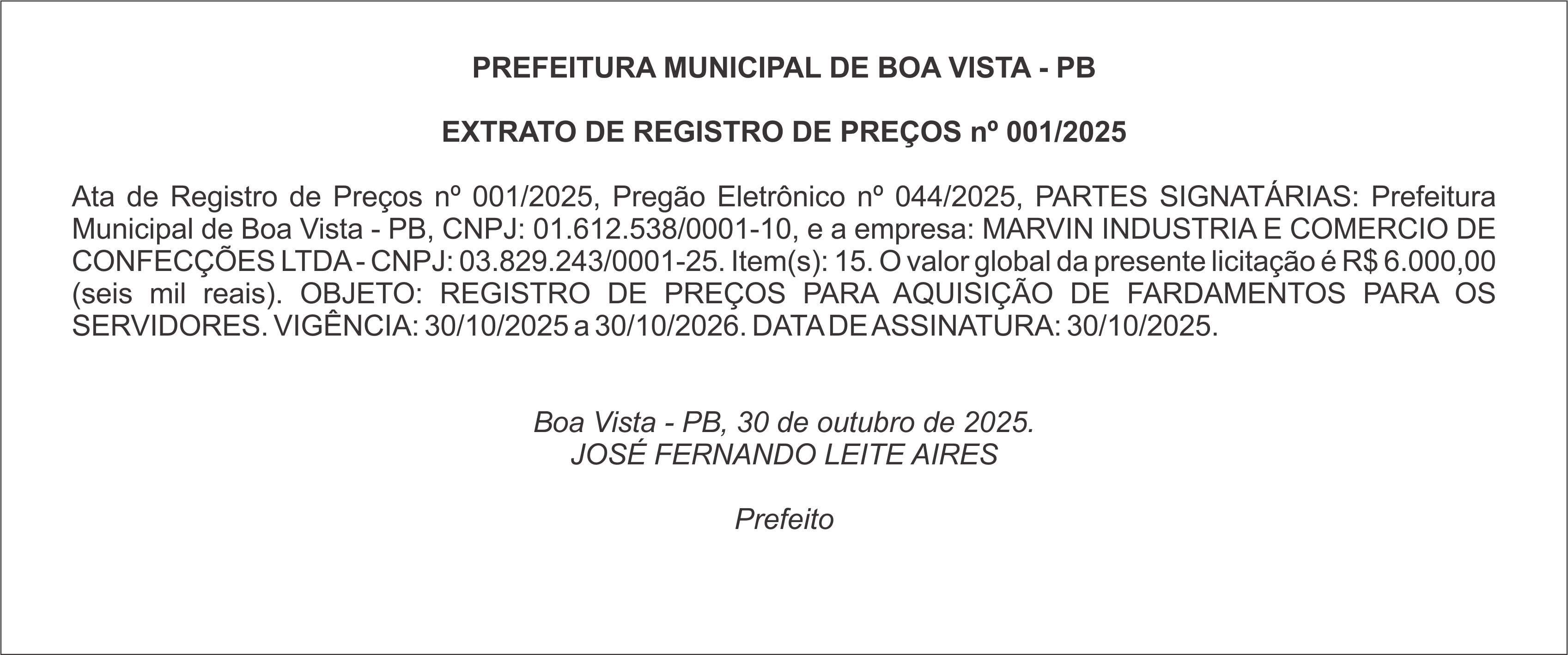 PREFEITURA MUNICIPAL DE BOA VISTA – PB – EXTRATO DE REGISTRO DE PREÇOS nº 001/2025