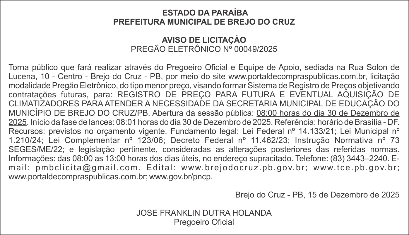 PREFEITURA MUNICIPAL DE BREJO DO CRUZ – AVISO DE LICITAÇÃO – PREGÃO ELETRÔNICO Nº 00049/2025