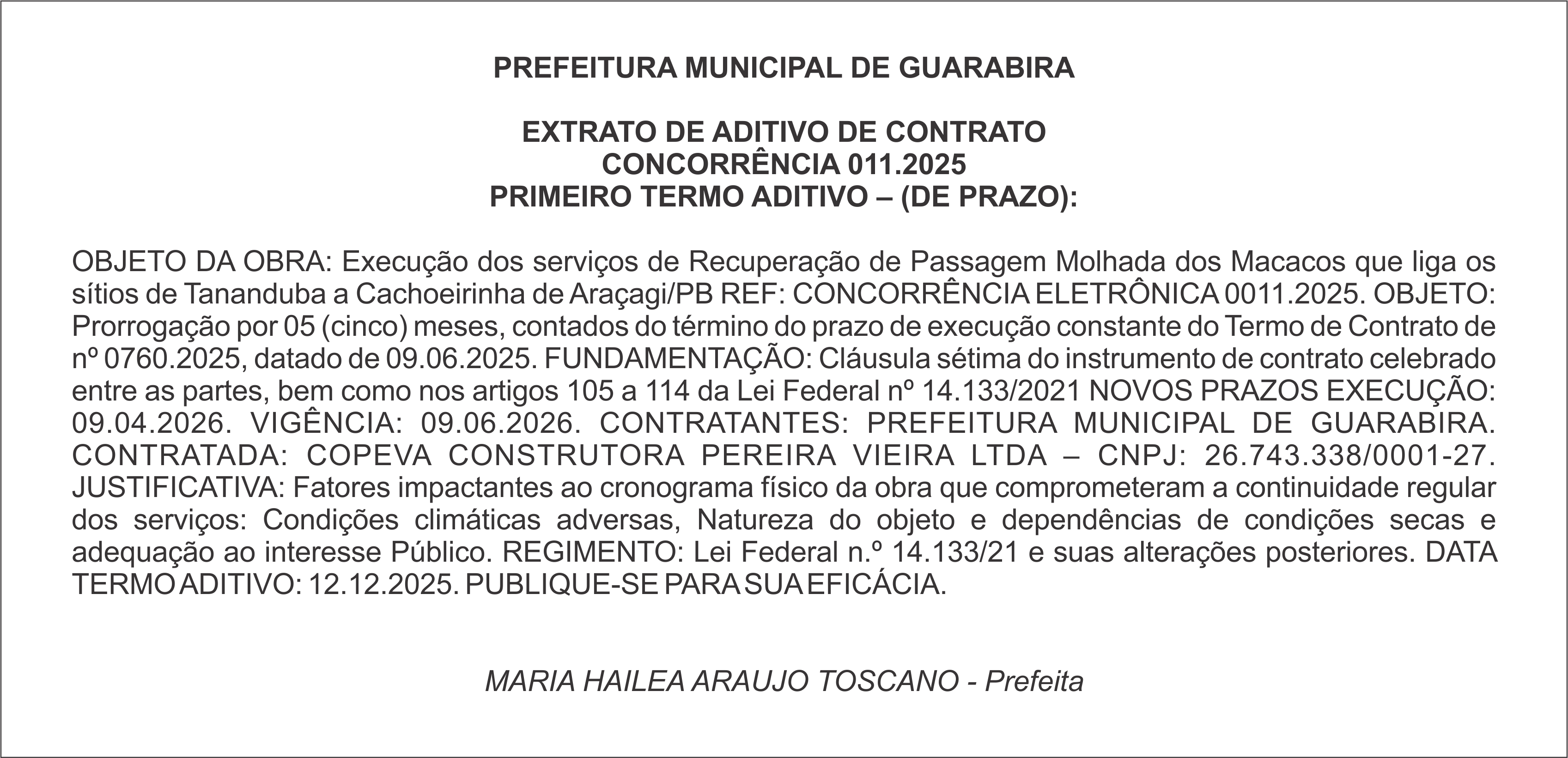 PREFEITURA MUNICIPAL DE GUARABIRA – EXTRATO DE ADITIVO DE CONTRATO – CONCORRÊNCIA 011.2025