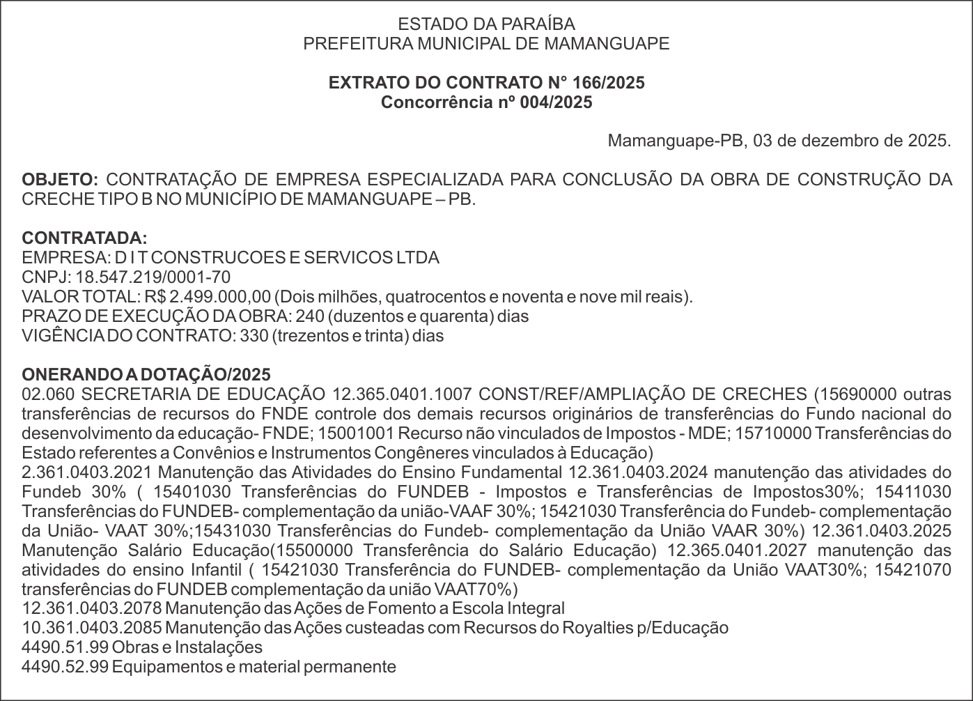 PREFEITURA MUNICIPAL DE MAMANGUAPE – EXTRATO DO CONTRATO N° 166/2025