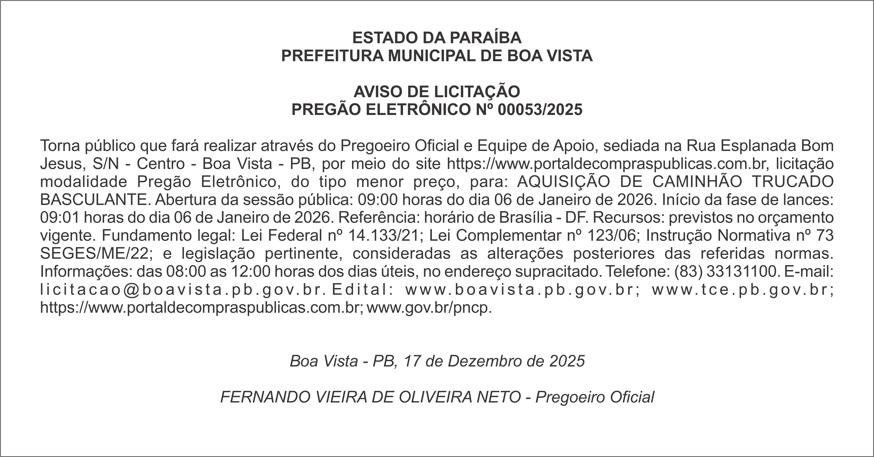 PREFEITURA MUNICIPAL DE BOA VISTA – AVISO DE LICITAÇÃO – PREGÃO ELETRÔNICO Nº 00053/2025