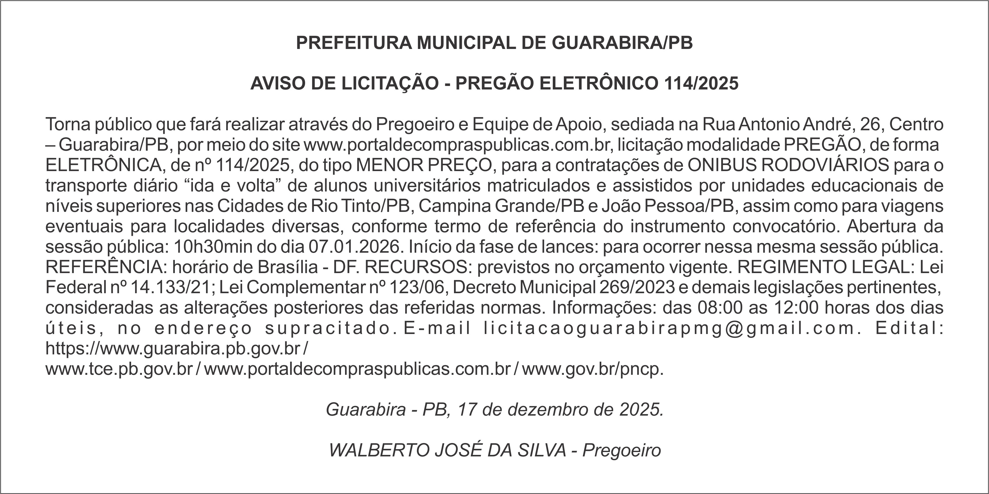 PREFEITURA MUNICIPAL DE GUARABIRA/PB – AVISO DE LICITAÇÃO – PREGÃO ELETRÔNICO 114/2025