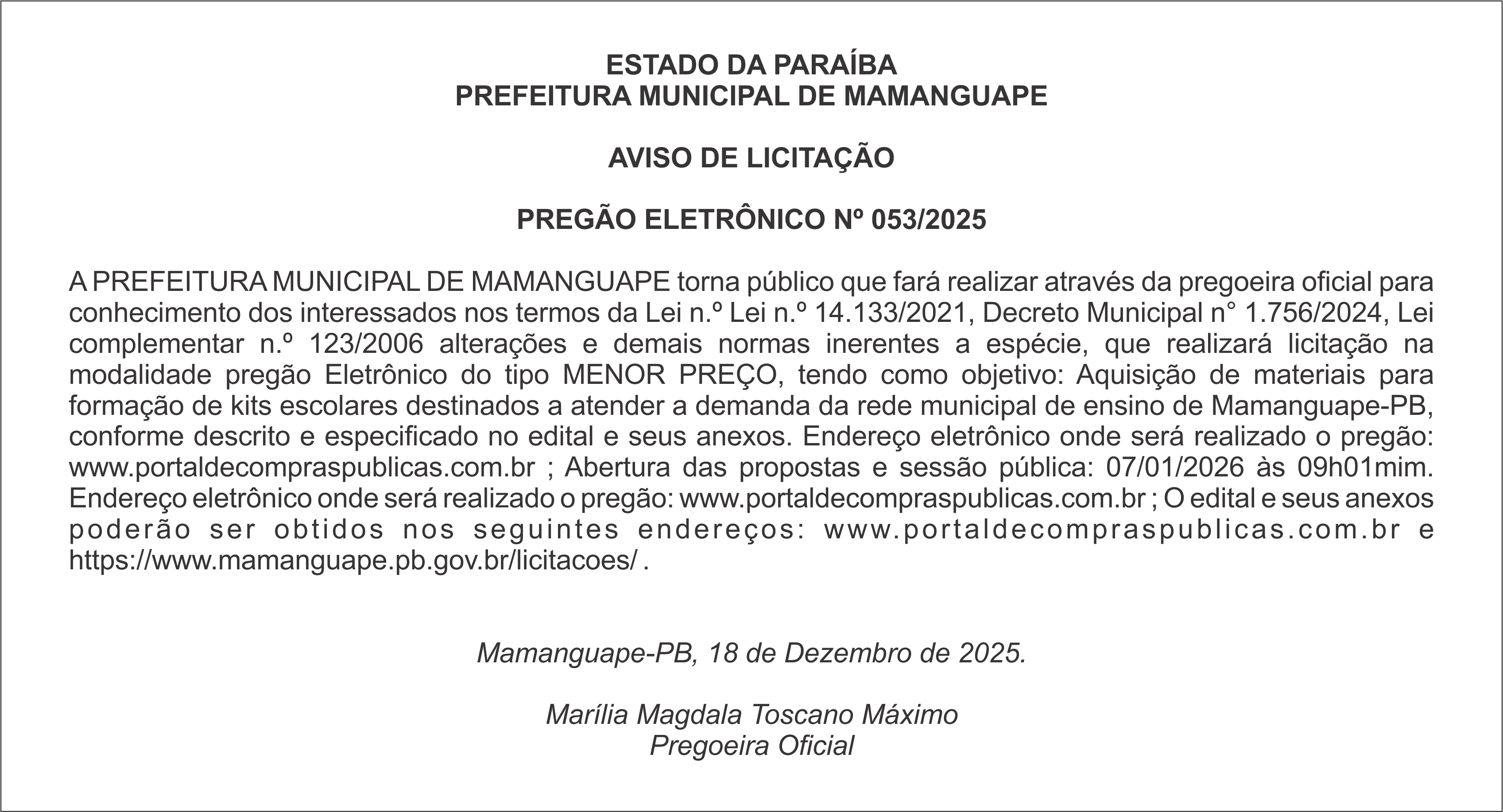 PREFEITURA MUNICIPAL DE MAMANGUAPE – AVISO DE LICITAÇÃO – PREGÃO ELETRÔNICO Nº 053/2025