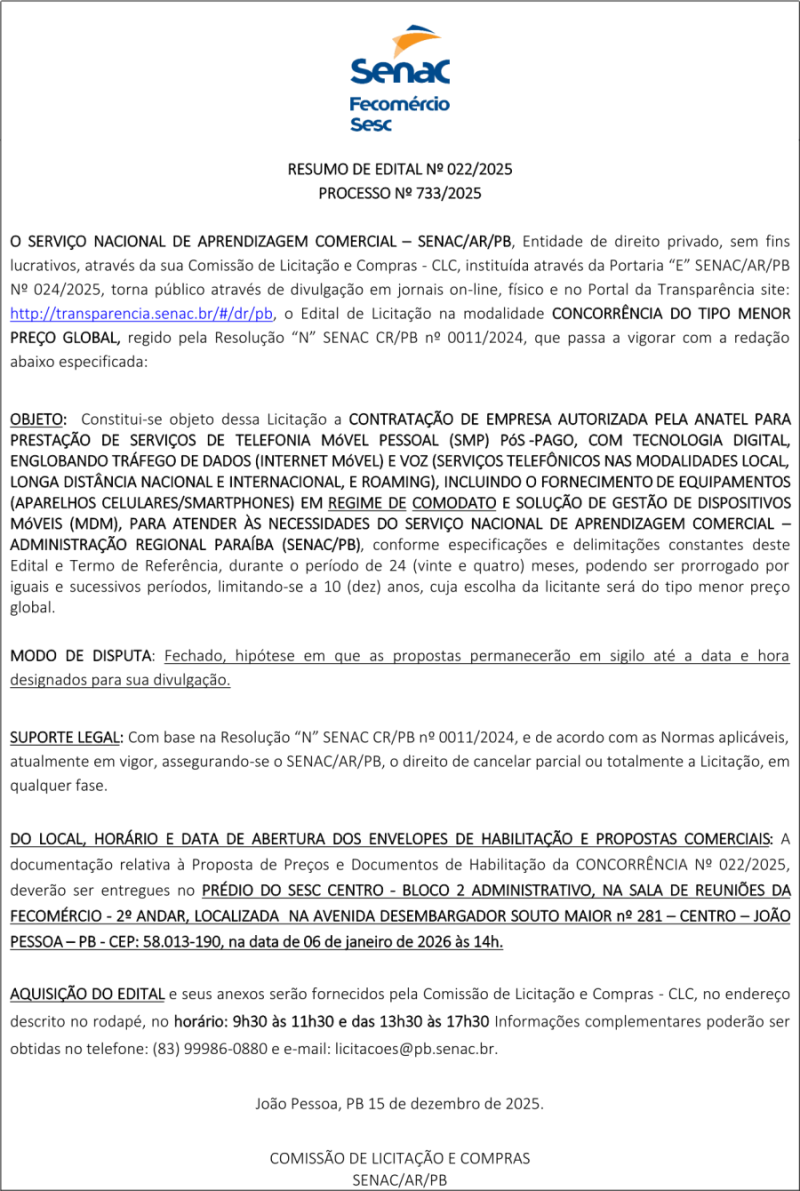 SENAC – RESUMO DE EDITAL N° 022/2025 – PROCESSO N° 733/2025
