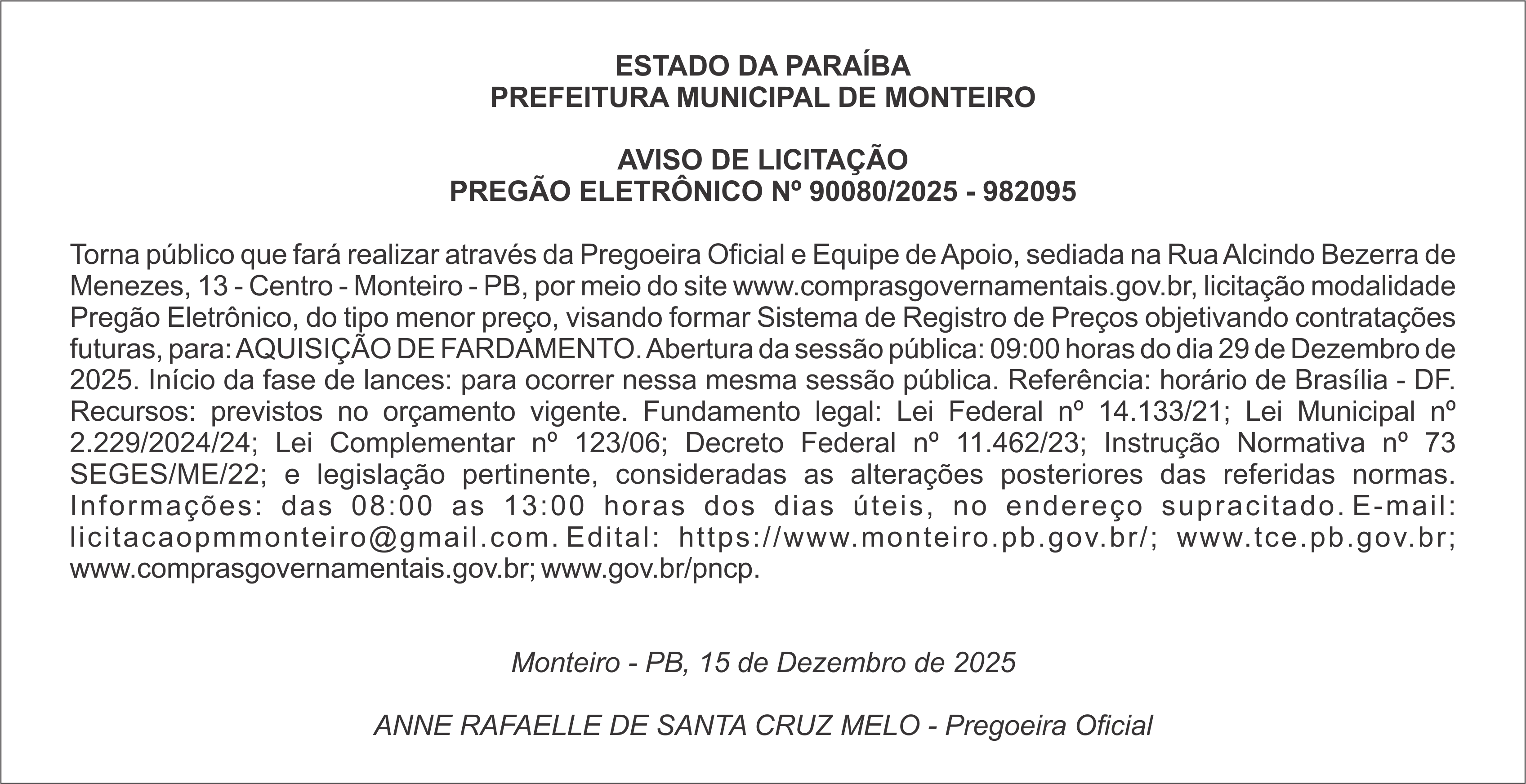 PREFEITURA MUNICIPAL DE MONTEIRO – AVISO DE LICITAÇÃO – PREGÃO ELETRÔNICO Nº 90080/2025 – 982095