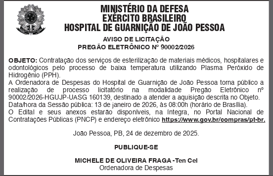 HOSPITAL DE GUARNIÇÃO DE JOÃO PESSOA – PREGÃO ELETRÔNICO No 90002/2026