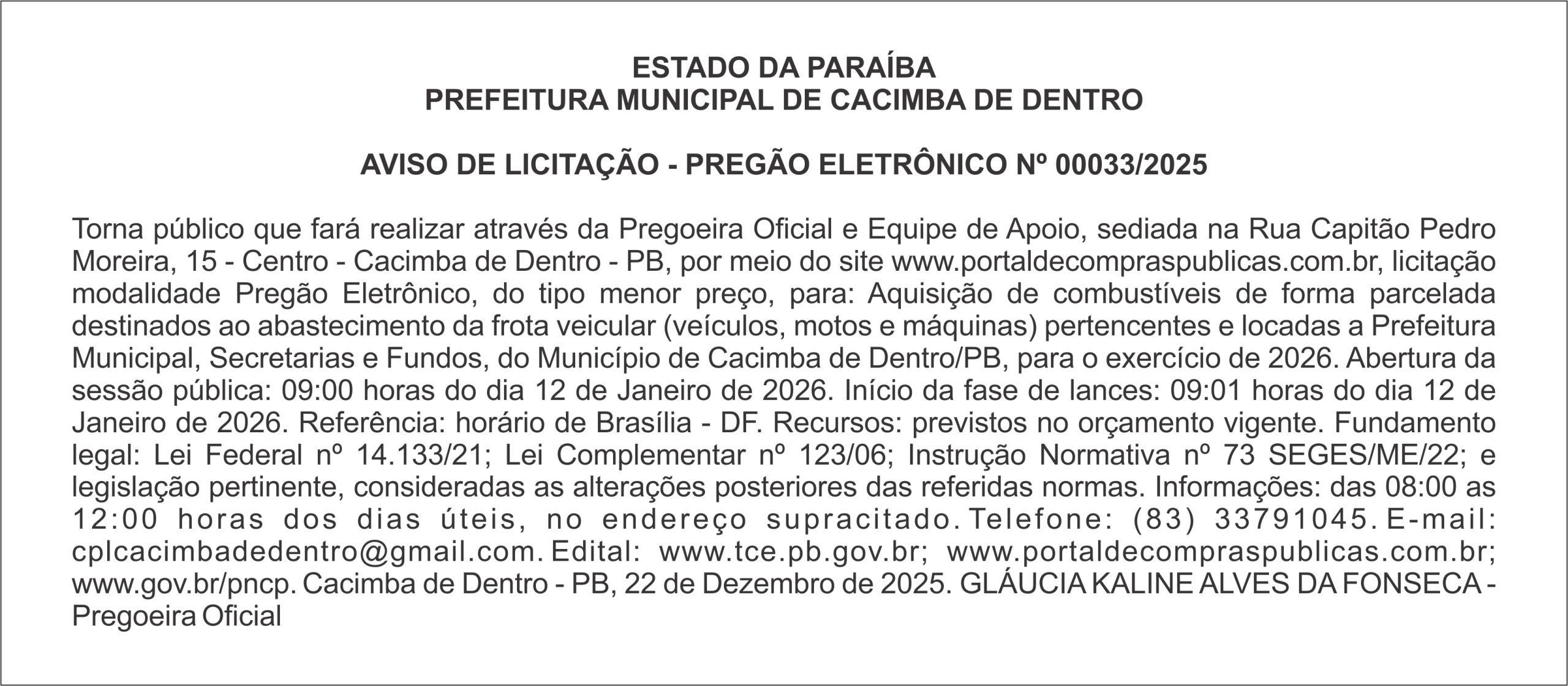 PREFEITURA MUNICIPAL DE CACIMBA DE DENTRO – AVISO DE LICITAÇÃO – PREGÃO ELETRÔNICO Nº 00033/2025