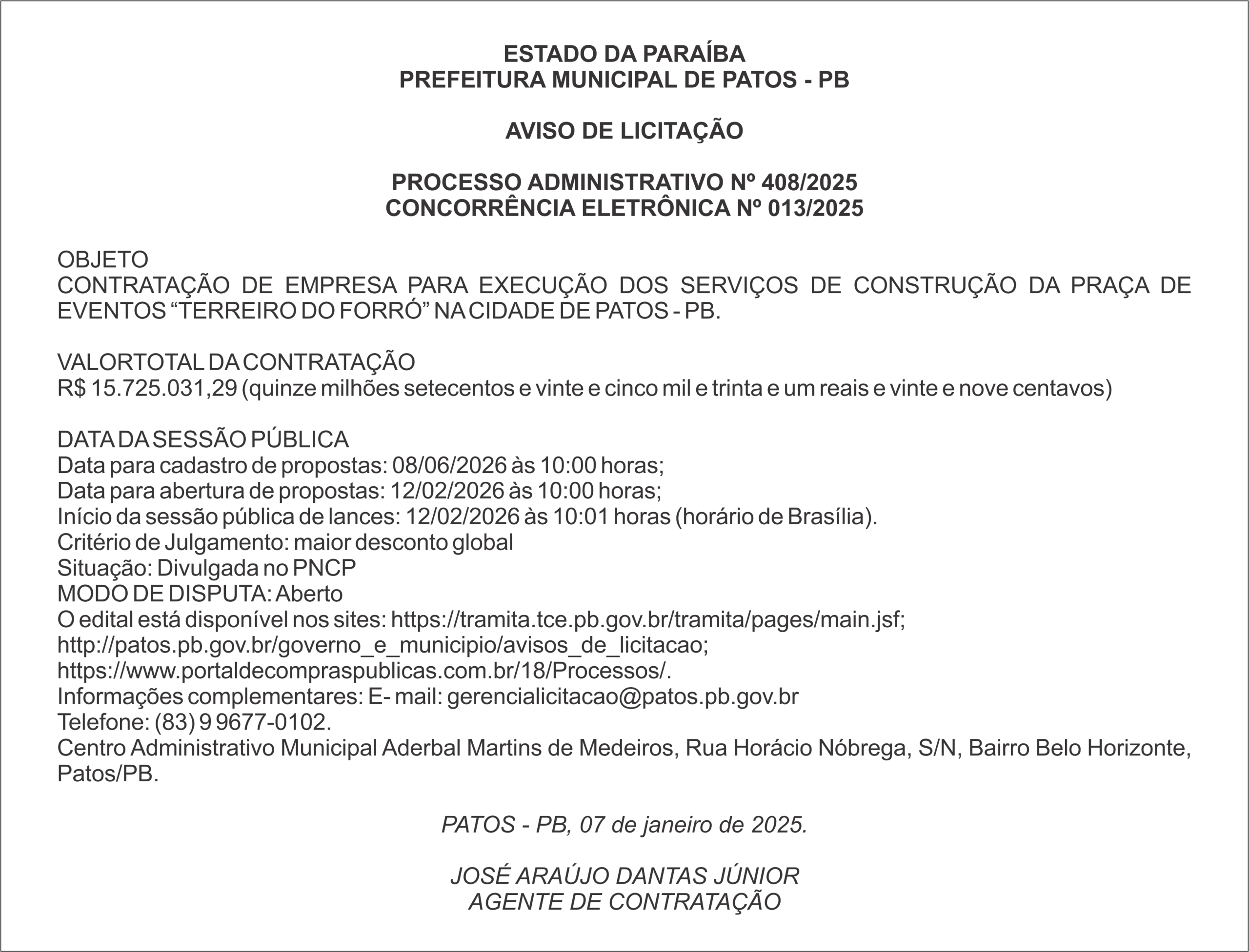 PREFEITURA MUNICIPAL DE PATOS – PB – PROCESSO ADMINISTRATIVO Nº 408/2025