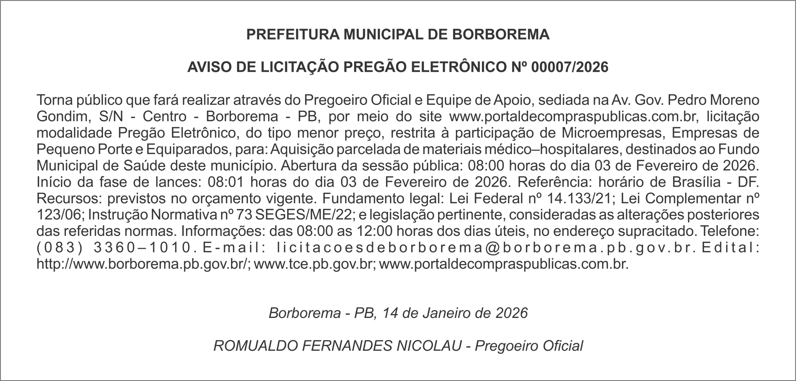 PREFEITURA MUNICIPAL DE BORBOREMA – AVISO DE LICITAÇÃO – PREGÃO ELETRÔNICO Nº 00007/2026