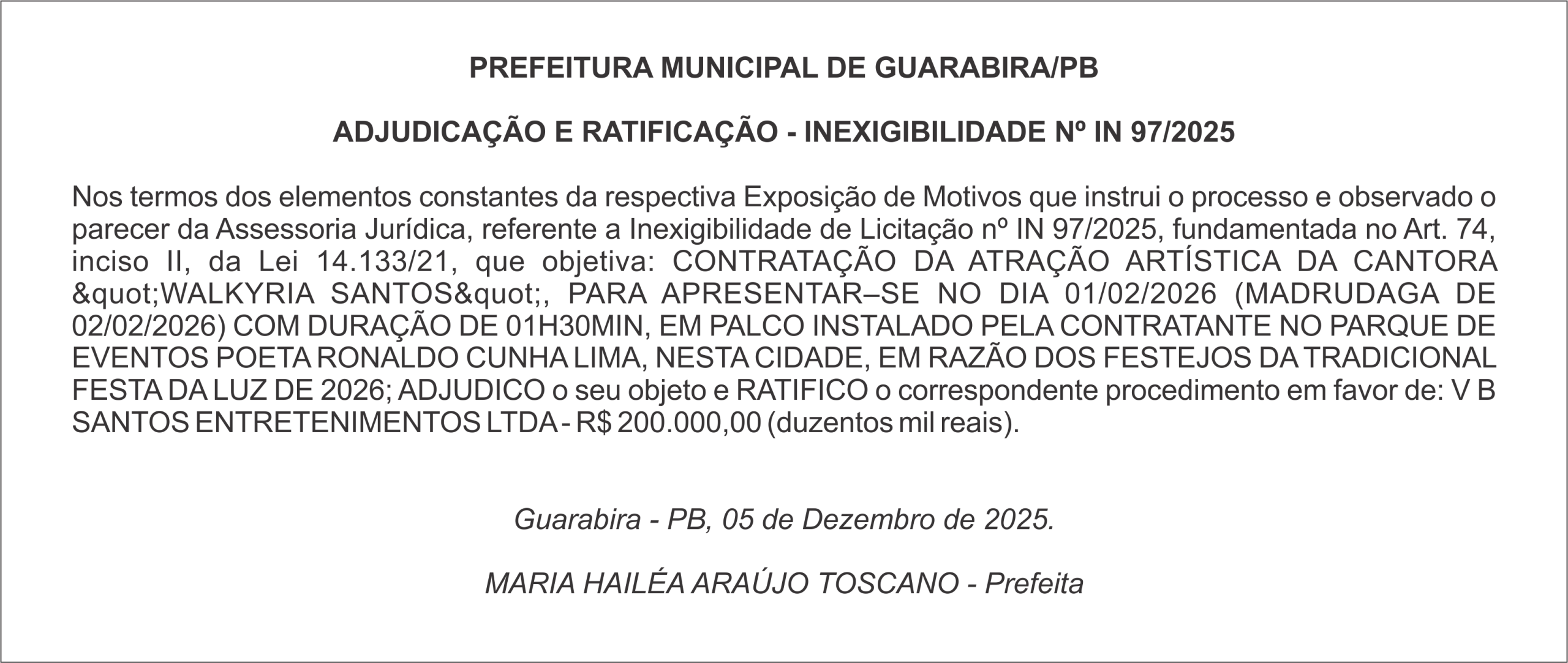 PREFEITURA MUNICIPAL DE GUARABIRA/PB ADJUDICAÇÃO E RATIFICAÇÃO – INEXIGIBILIDADE Nº IN 97/2025