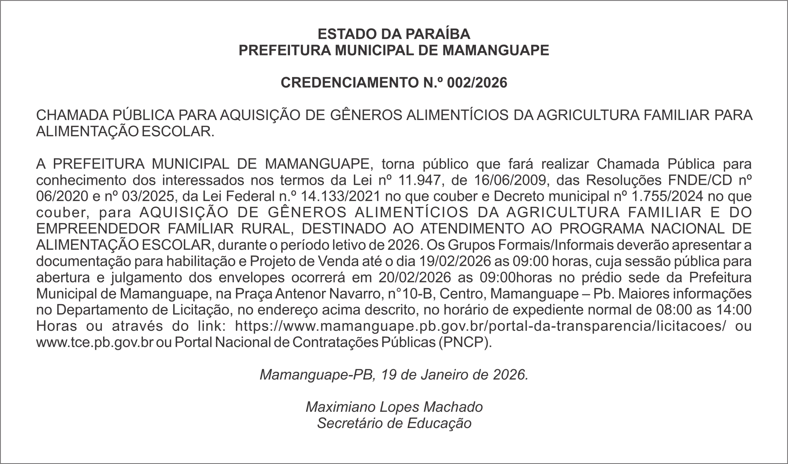 PREFEITURA MUNICIPAL DE MAMANGUAPE – CREDENCIAMENTO N.º 002/2026