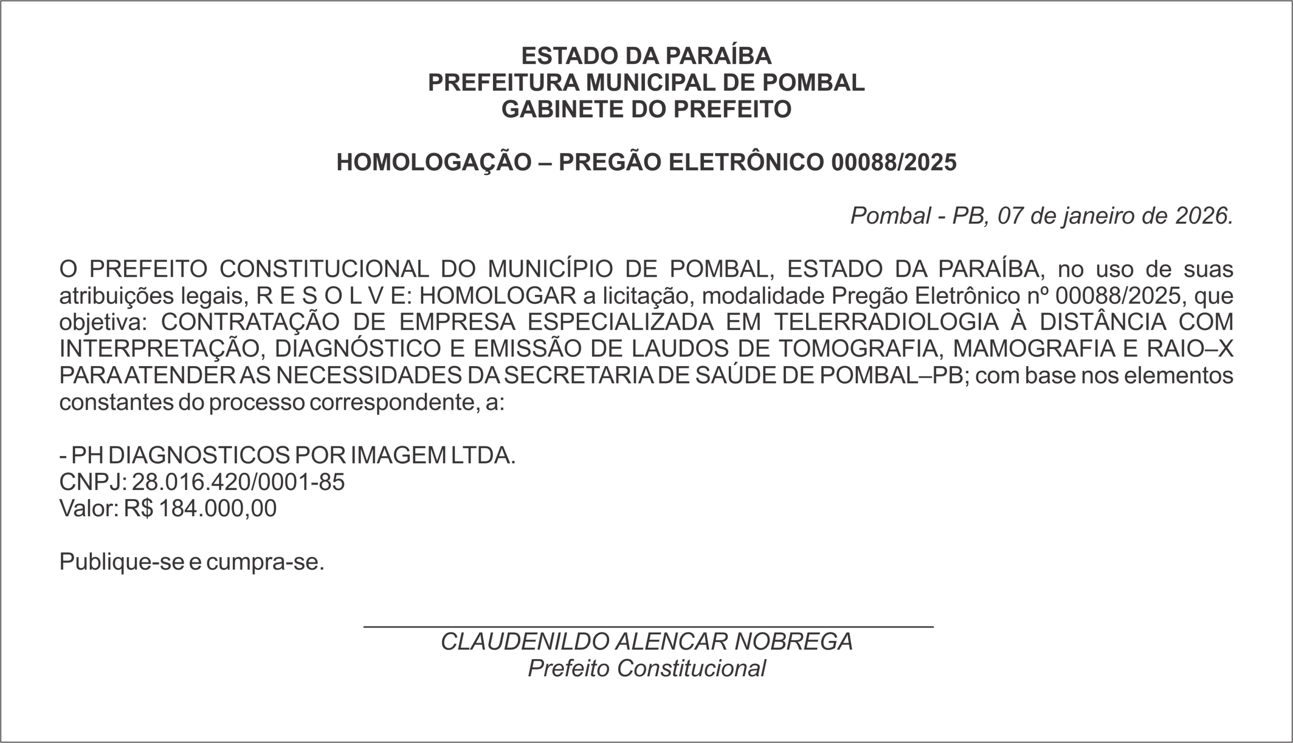 PREFEITURA MUNICIPAL DE POMBAL – HOMOLOGAÇÃO – PREGÃO ELETRÔNICO 00088/2025