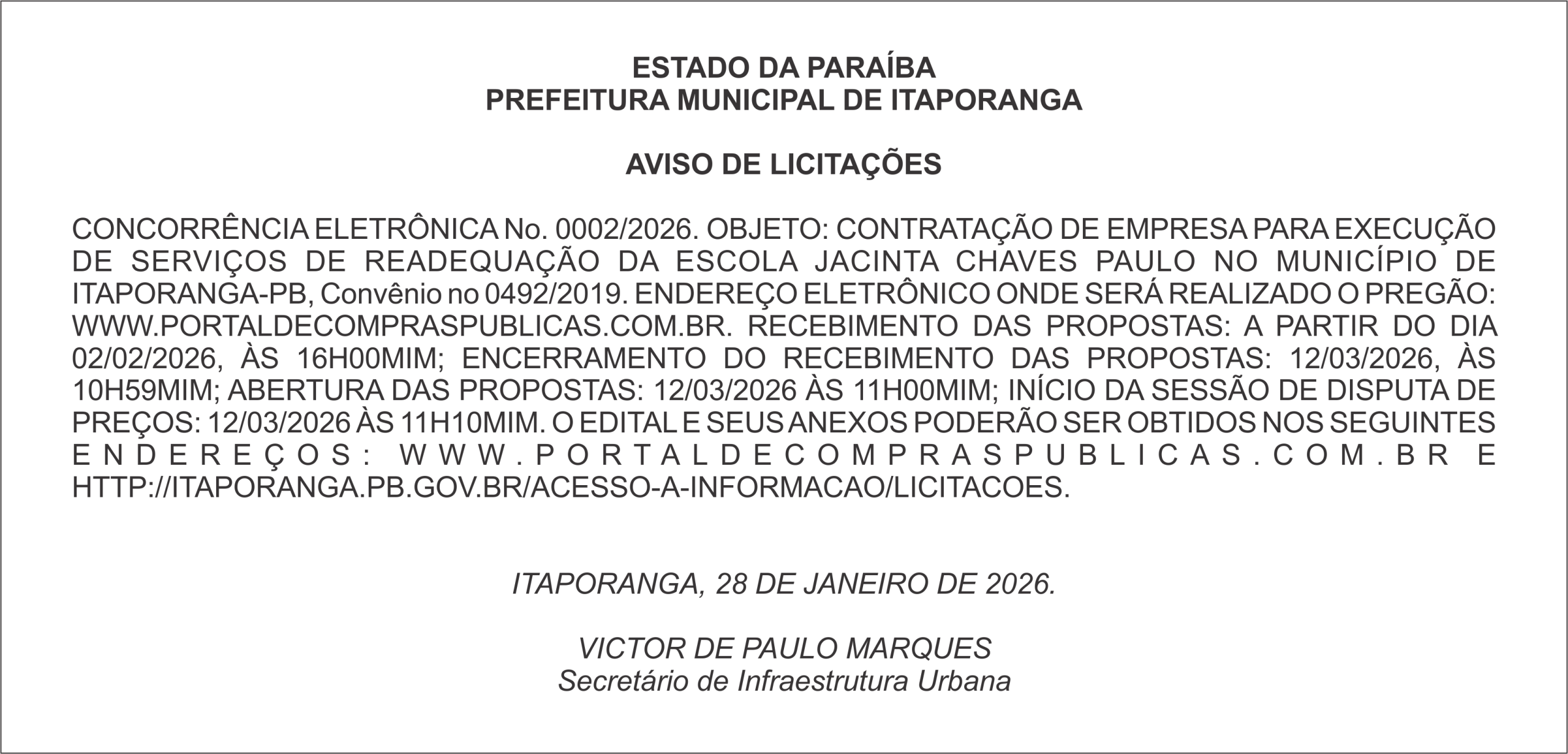 PREFEITURA MUNICIPAL DE ITAPORANGA – AVISO DE LICITAÇÕES – CONCORRÊNCIA ELETRÔNICA No. 0002/2026