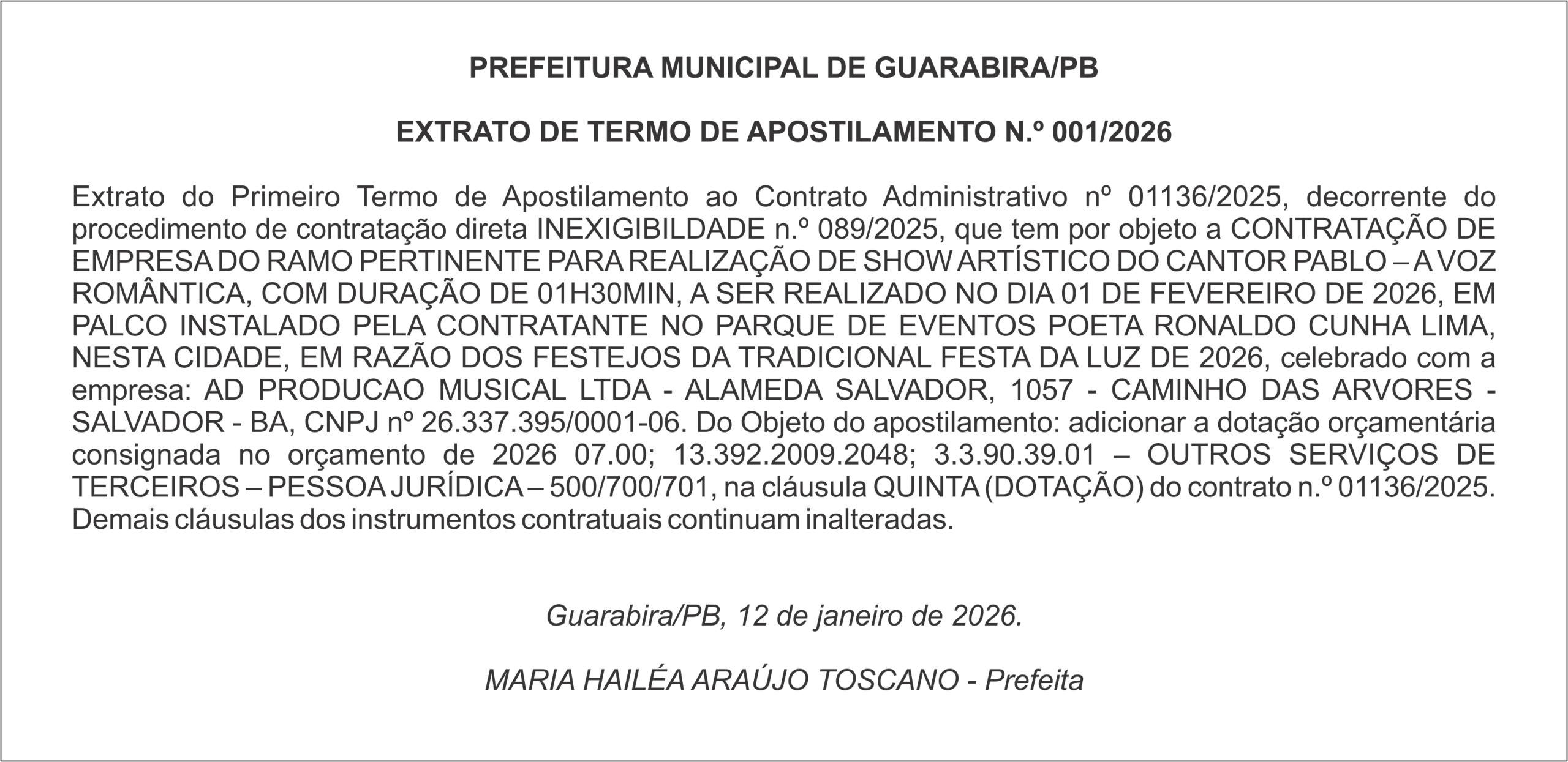 PREFEITURA MUNICIPAL DE GUARABIRA/PB – EXTRATO DE TERMO DE APOSTILAMENTO