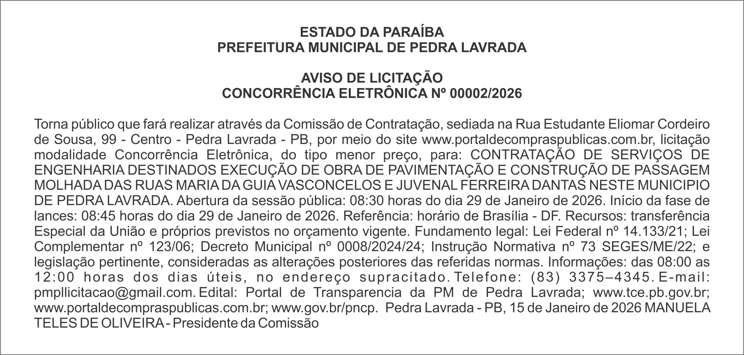 PREFEITURA MUNICIPAL DE PEDRA LAVRADA – AVISO DE LICITAÇÃO CONCORRÊNCIA ELETRÔNICA Nº 00002/2026