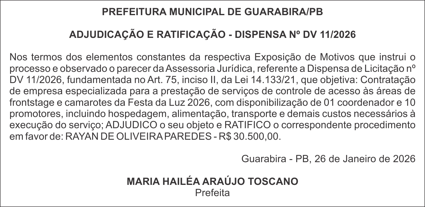 PREFEITURA MUNICIPAL DE GUARABIRA/PB – ADJUDICAÇÃO E RATIFICAÇÃO – DISPENSA Nº DV 11/2026