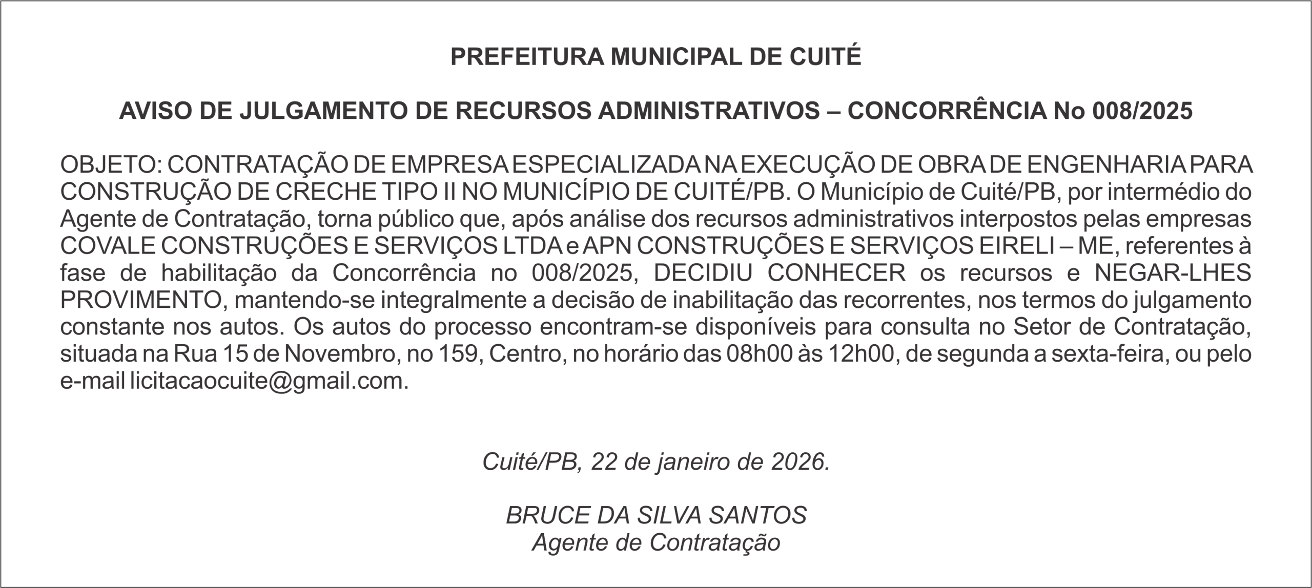 PREFEITURA MUNICIPAL DE CUITÉ  – AVISO DE JULGAMENTO DE RECURSOS ADMINISTRATIVOS – CONCORRÊNCIA No 008/2025