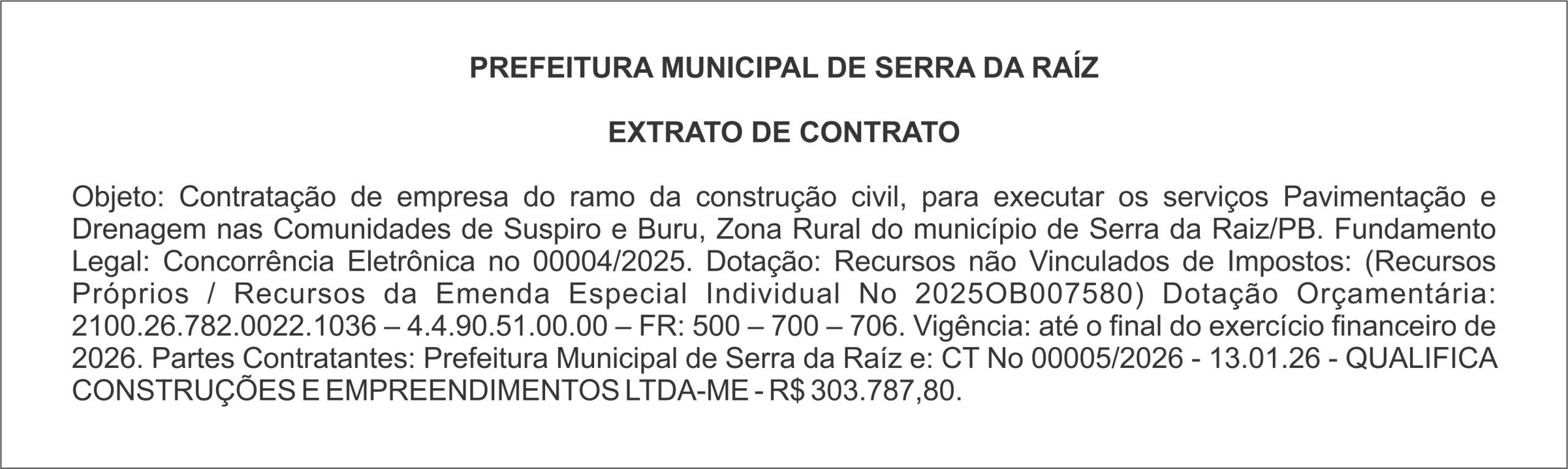 PREFEITURA MUNICIPAL DE SERRA DA RAÍZ – EXTRATO DE CONTRATO