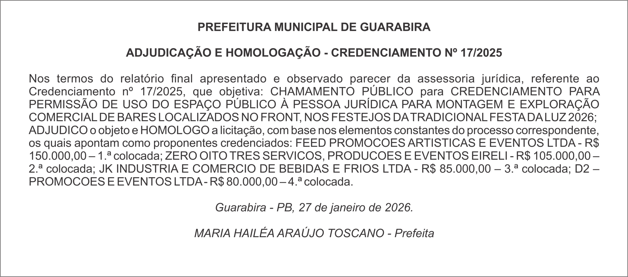 PREFEITURA MUNICIPAL DE GUARABIRA – ADJUDICAÇÃO E HOMOLOGAÇÃO – CREDENCIAMENTO Nº 17/2025