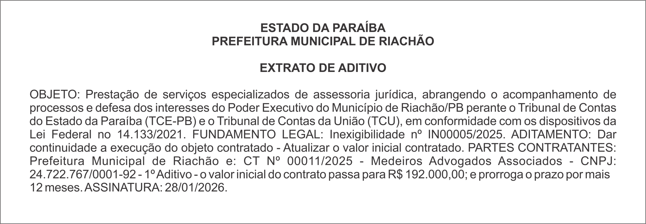 PREFEITURA MUNICIPAL DE RIACHÃO – EXTRATO DE ADITIVO