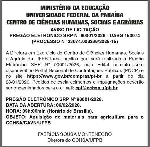 UNIVERSIDADE FEDERAL DA PARAIBA – PREGÃO ELETRÔNICO SRP No 90001/2026