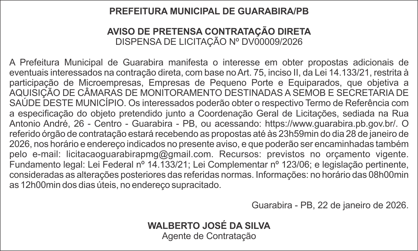 PREFEITURA MUNICIPAL DE GUARABIRA/PB – AVISO DE PRETENSA CONTRATAÇÃO DIRETA DISPENSA DE LICITAÇÃO Nº DV00009/2026
