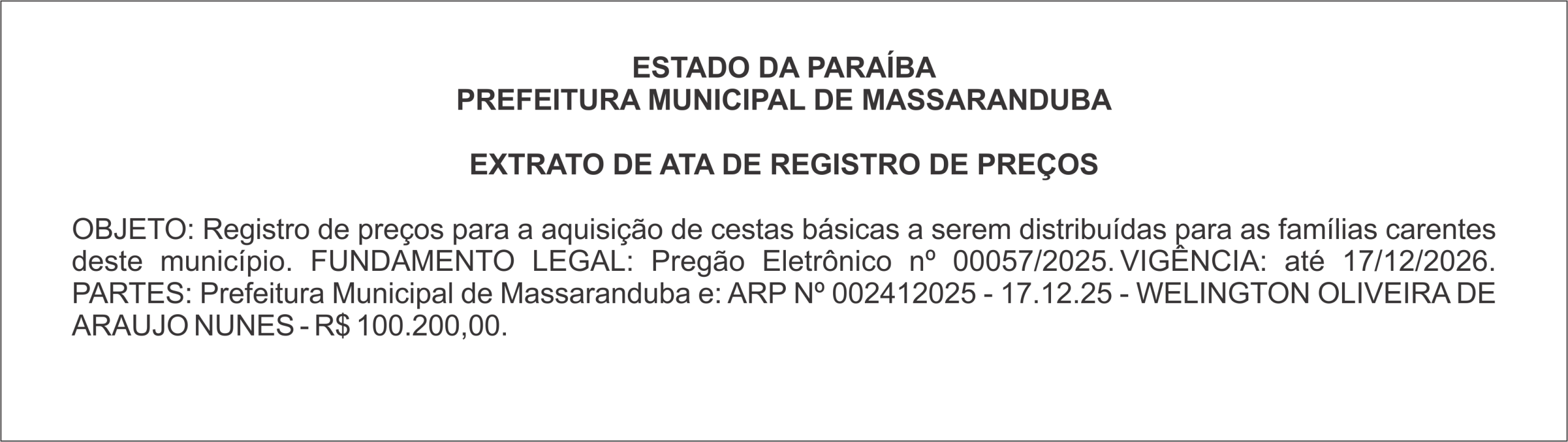 PREFEITURA MUNICIPAL DE MASSARANDUBA – EXTRATO DE ATA DE REGISTRO DE PREÇOS
