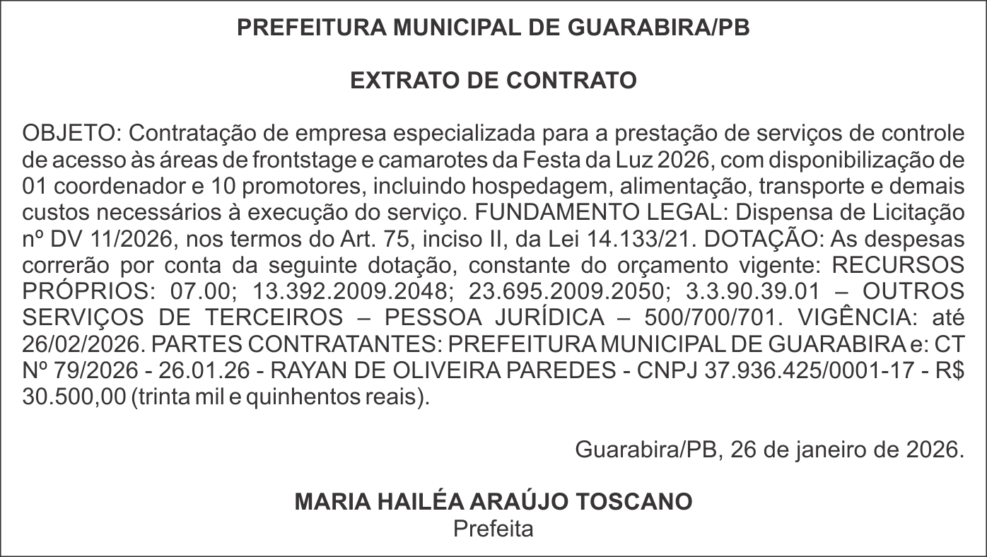PREFEITURA MUNICIPAL DE GUARABIRA/PB – EXTRATO DE CONTRATO