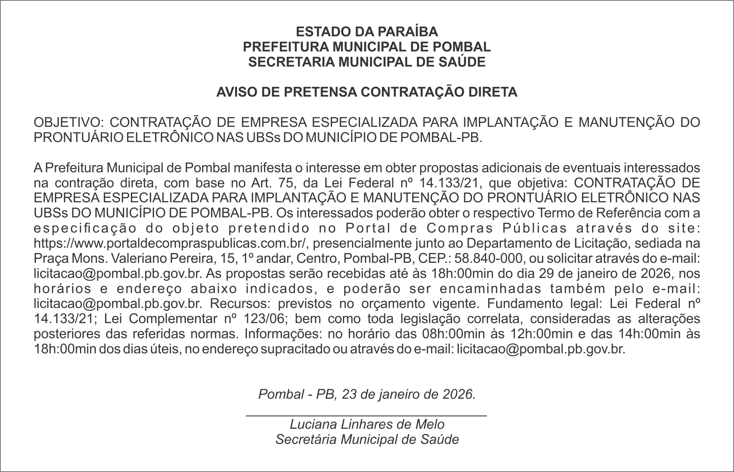 PREFEITURA MUNICIPAL DE POMBAL – AVISO DE PRETENSA – CONTRATAÇÃO DIRETA