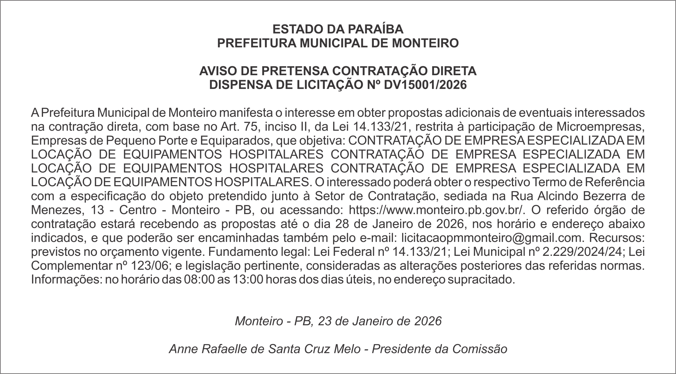 PREFEITURA MUNICIPAL DE MONTEIRO – AVISO DE PRETENSA CONTRATAÇÃO DIRETA DISPENSA DE LICITAÇÃO Nº DV15001/2026