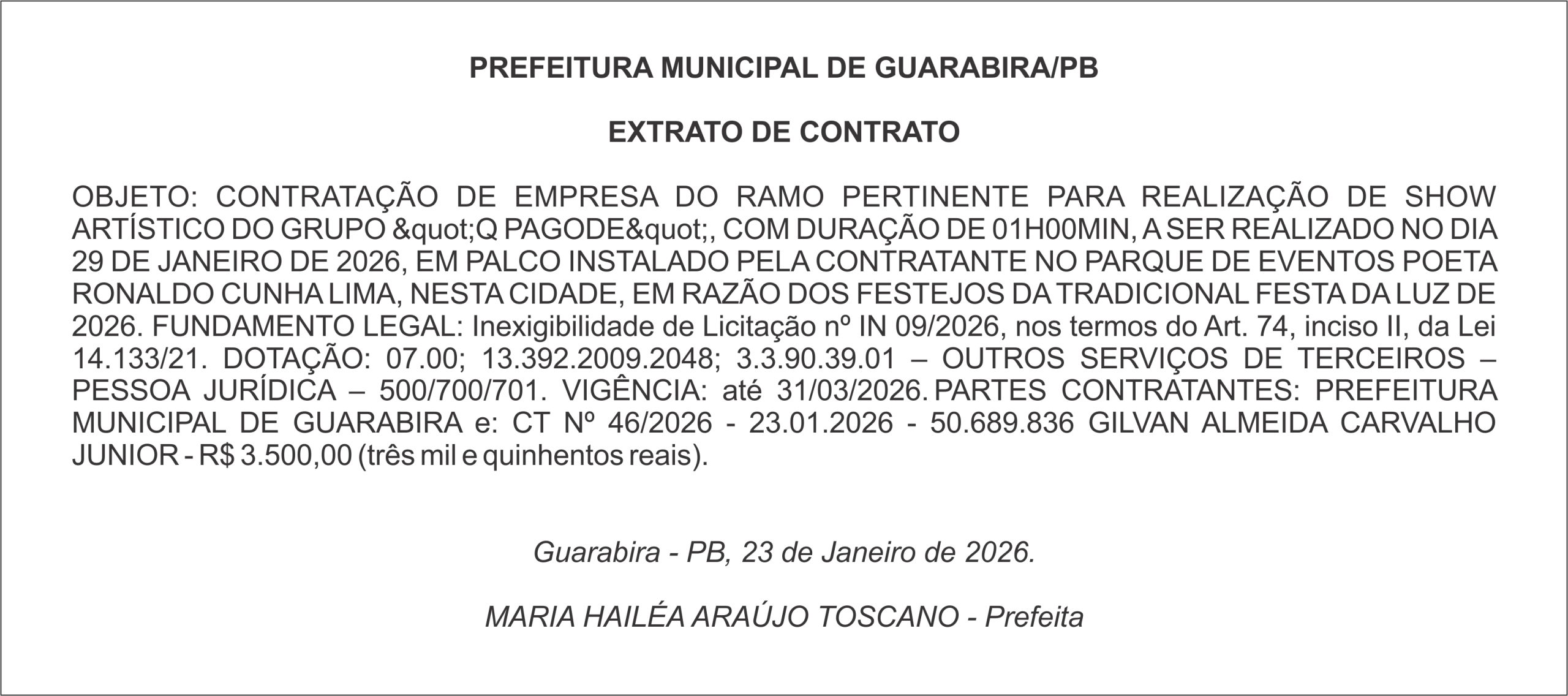PREFEITURA MUNICIPAL DE GUARABIRA/PB – EXTRATO DE CONTRATO