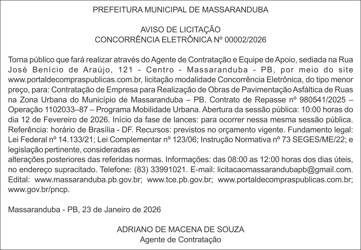 PREFEITURA DE MASSARANDUBA – AVISO DE LICITAÇÃO – CONCORRÊNCIA ELETRÔNICA Nº 00002/2026