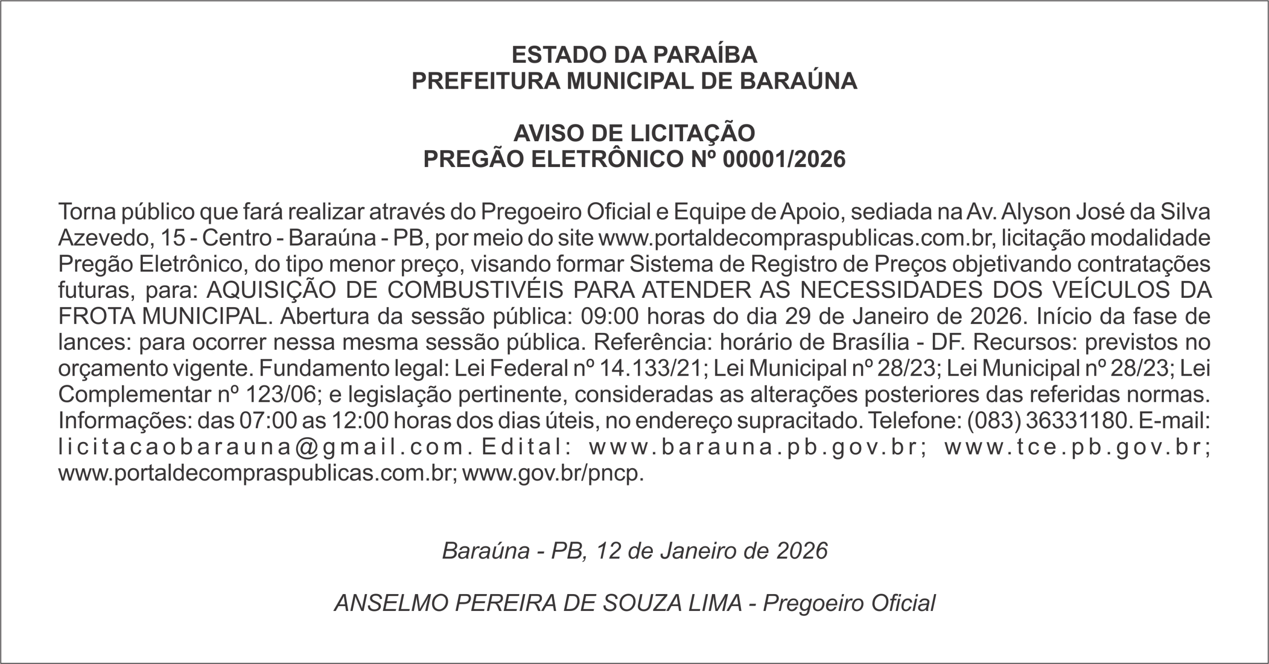 PREFEITURA MUNICIPAL DE BARAÚNA – AVISO DE LICITAÇÃO – PREGÃO ELETRÔNICO Nº 00001/2026