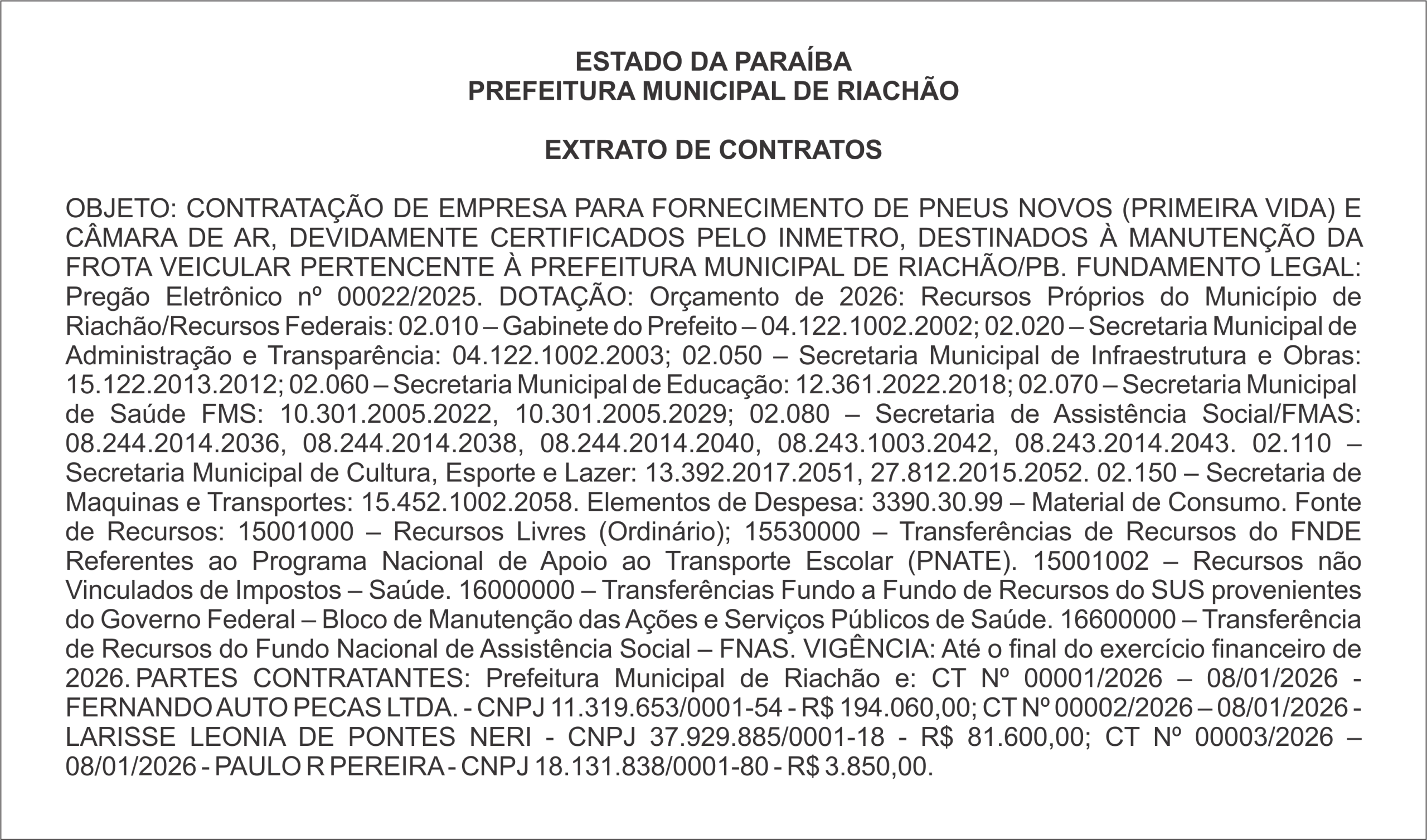 PREFEITURA MUNICIPAL DE RIACHÃO – EXTRATO DE CONTRATOS